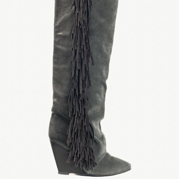 Isabel Marant Manly Anthracite Leather & Suede Fringe Knee-High Wedge Boots - Picture 1 of 9